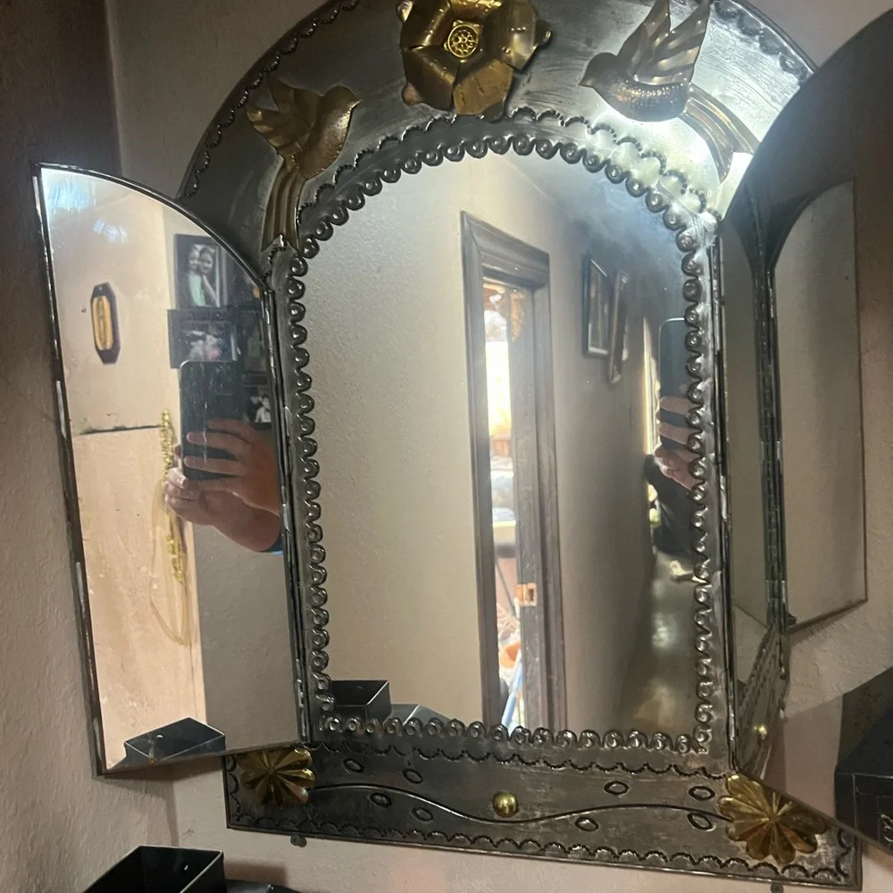 Discover this stunning vintage aluminum mirror with a charming medieval style!